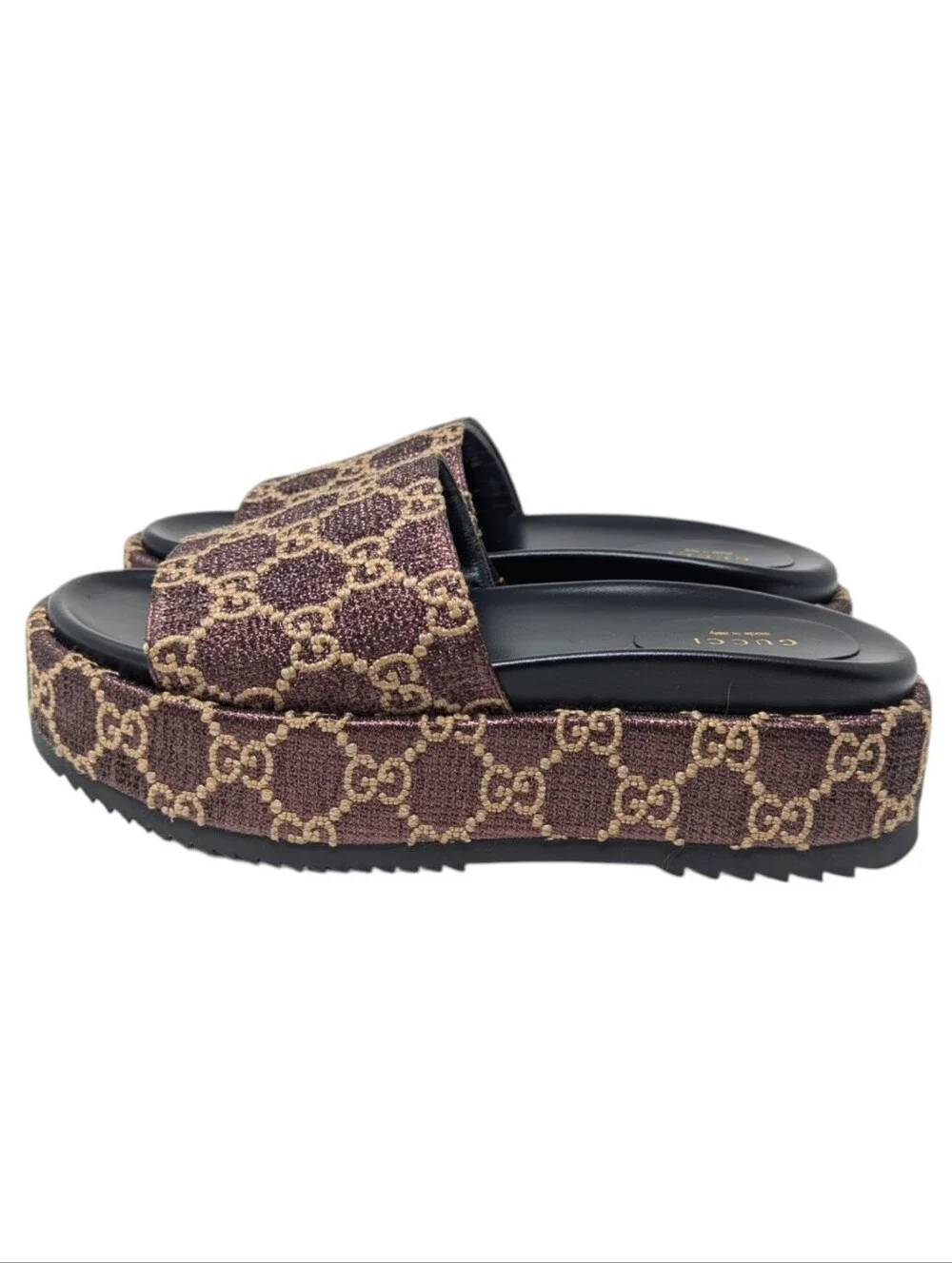 Gucci Brown Monogram Lame Angelina Platform Slide Sandals Size EU 39